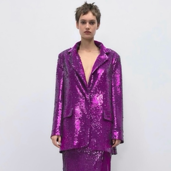 Zara Sequin Blazer Notch Lapel Oversized Jacket Purple Fuchsia XS - Picture 1 of 15